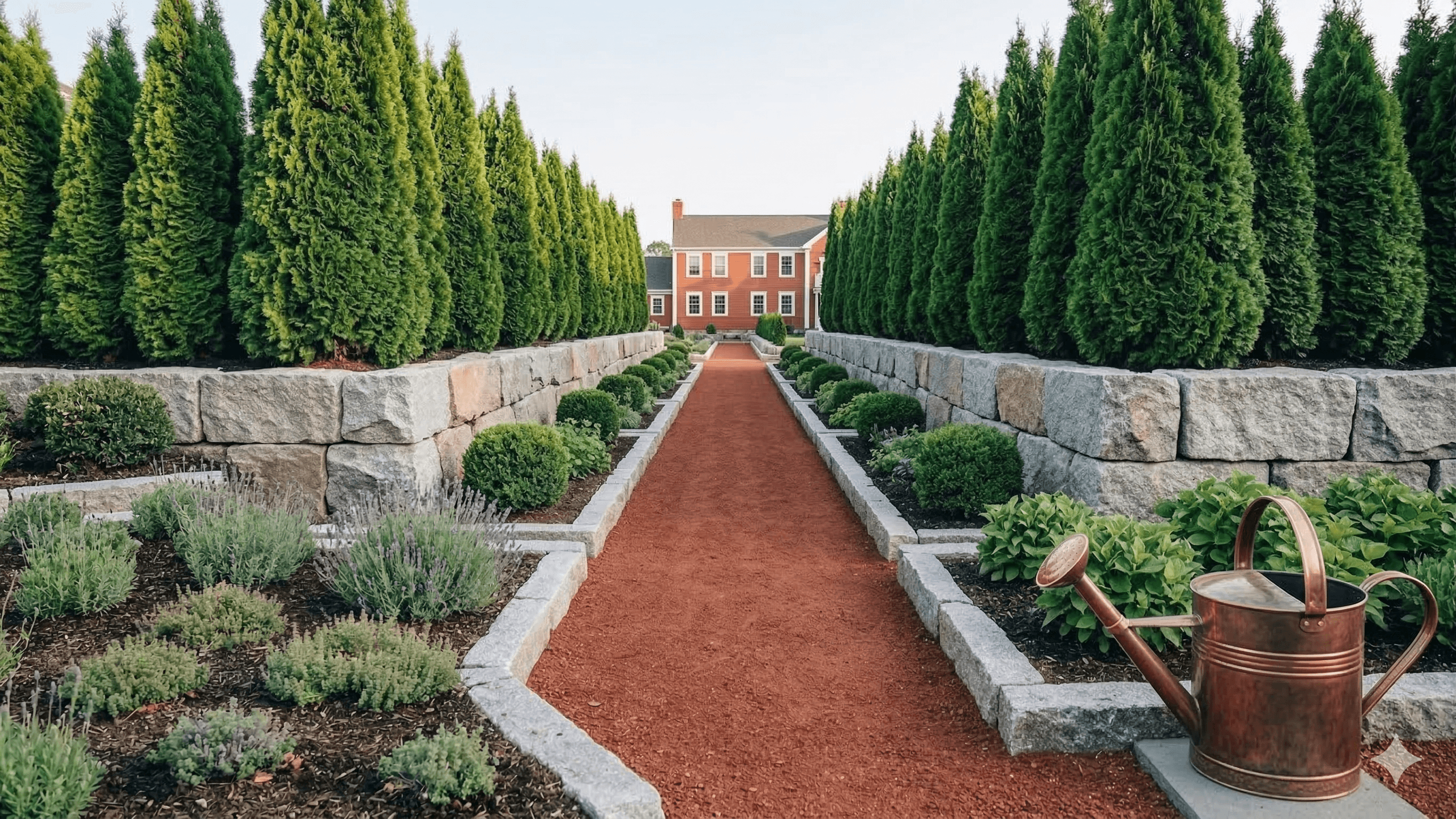 Landscaping crew building a stone retaining wall at a residential property